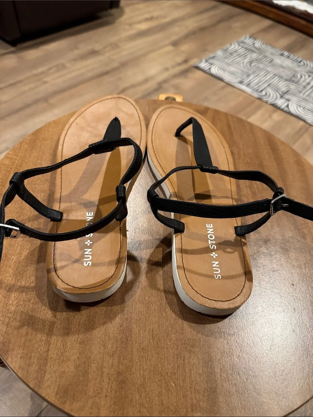 Sun + Stone Black T-Strap Sandals with Tan Footbed worn once women’s size 9.5